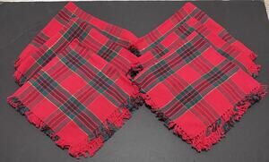 Vintage Kmart Red Tartan Plaid Placemats Set of 6 Square Woven Fringe Table